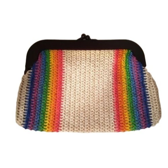 MCI Rainbow Clutch Vintage Bag white raffia Plastic Frame Handle Retro Original - Picture 1 of 5